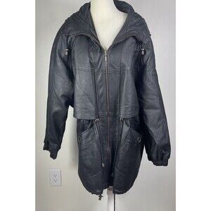 VTG G-III Womens Black Leather Trench Coat Hooded Long Med Matrix Grunge Emo Y2K
